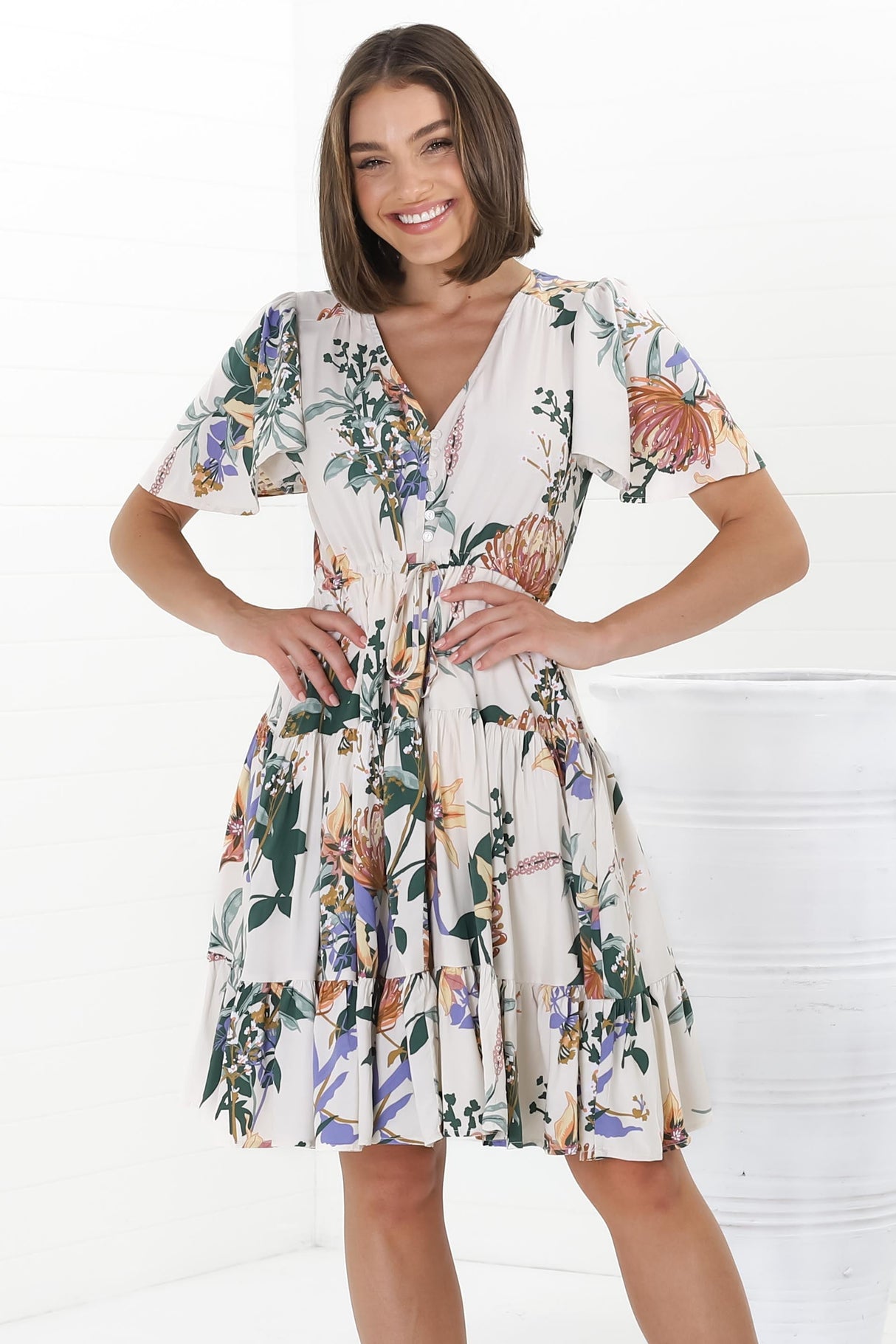 Elle Mini Dress - Buttoned Bodice A-Line Dress with Flute Sleeves in Raven Print White