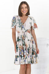 Elle Mini Dress - Buttoned Bodice A-Line Dress with Flute Sleeves in Raven Print White