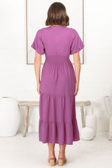 Ellen Midi Dress - Pull In V Neckline Dress With Cap Balloon Sleeves In Purple