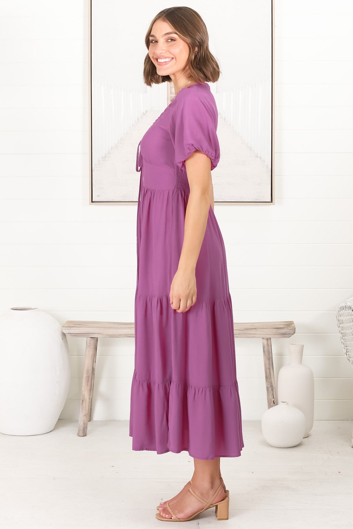 Ellen Midi Dress - Pull In V Neckline Dress With Cap Balloon Sleeves In Purple