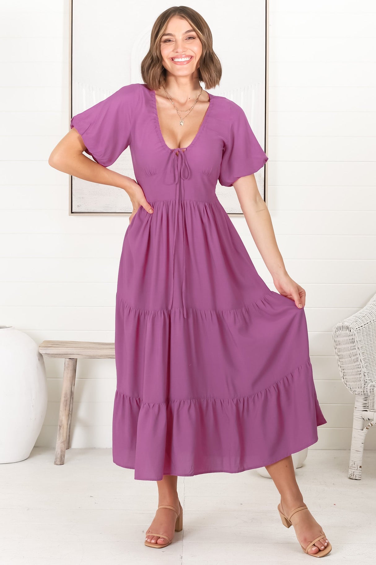 Ellen Midi Dress - Pull In V Neckline Dress With Cap Balloon Sleeves In Purple