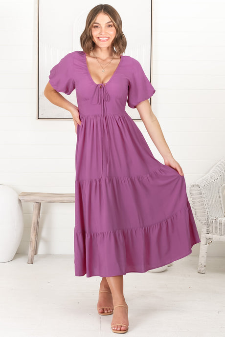 Ellen Midi Dress - Pull In V Neckline Dress With Cap Balloon Sleeves In Purple