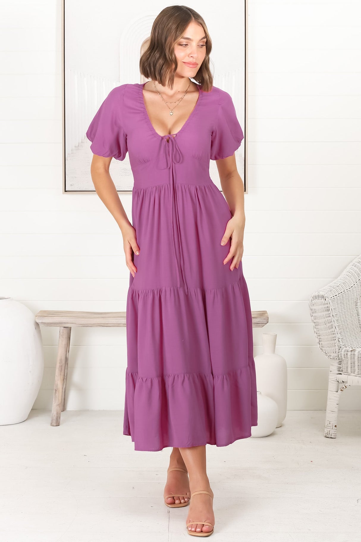 Ellen Midi Dress - Pull In V Neckline Dress With Cap Balloon Sleeves In Purple