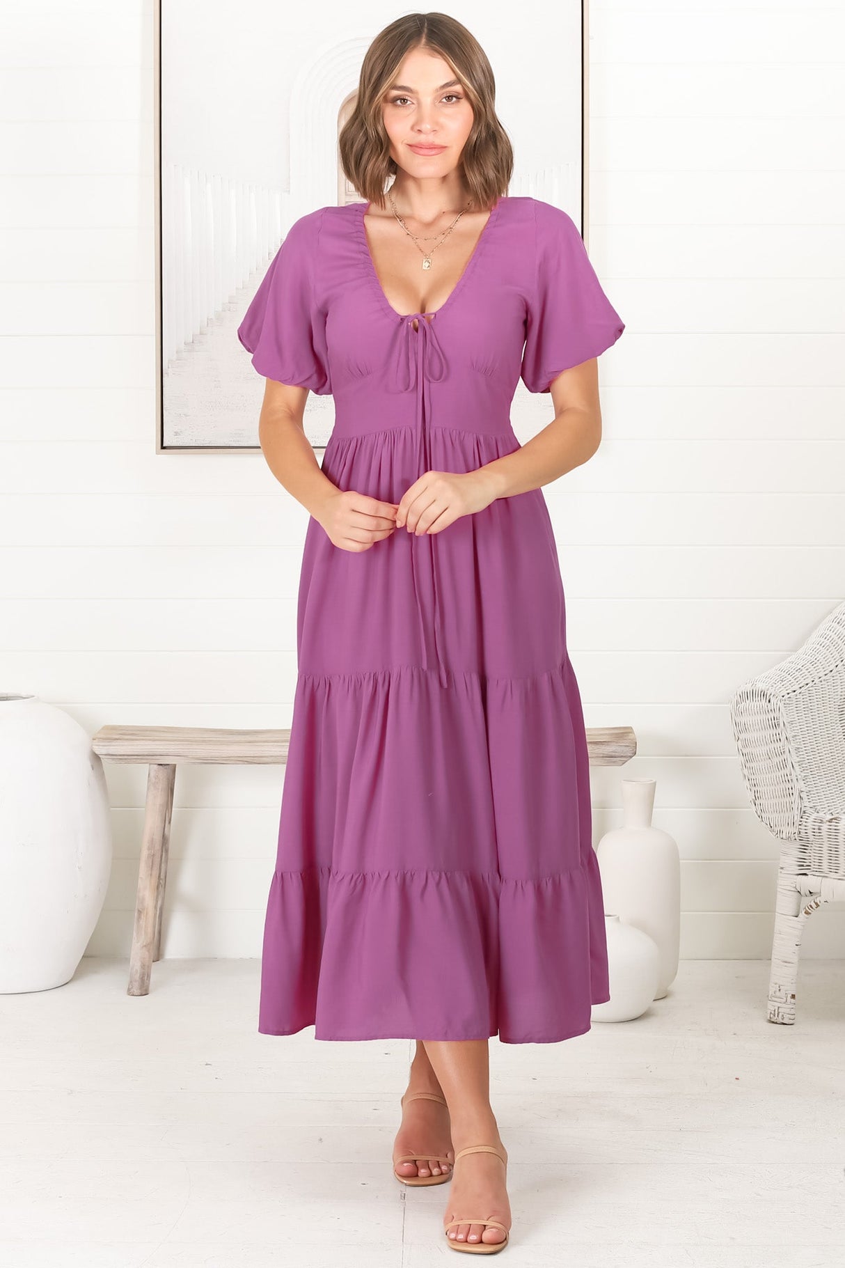 Ellen Midi Dress - Pull In V Neckline Dress With Cap Balloon Sleeves In Purple