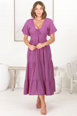 Ellen Midi Dress - Pull In V Neckline Dress With Cap Balloon Sleeves In Purple