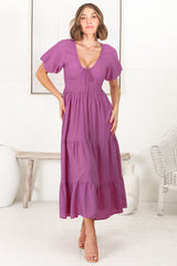 Ellen Midi Dress - Pull In V Neckline Dress With Cap Balloon Sleeves In Purple