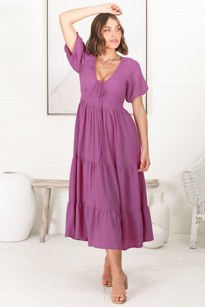 Ellen Midi Dress - Pull In V Neckline Dress With Cap Balloon Sleeves In Purple