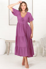 Ellen Midi Dress - Pull In V Neckline Dress With Cap Balloon Sleeves In Purple