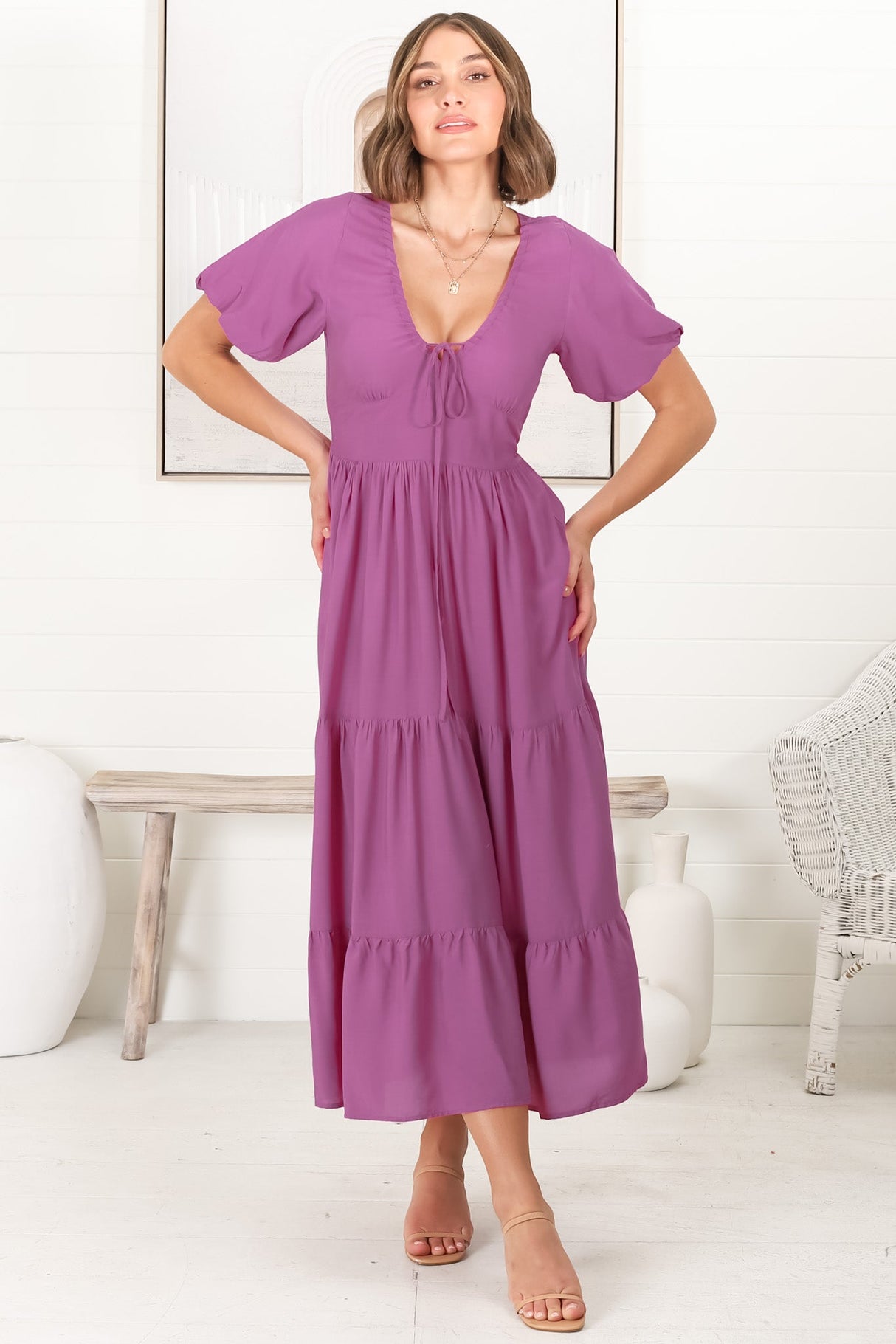 Ellen Midi Dress - Pull In V Neckline Dress With Cap Balloon Sleeves In Purple