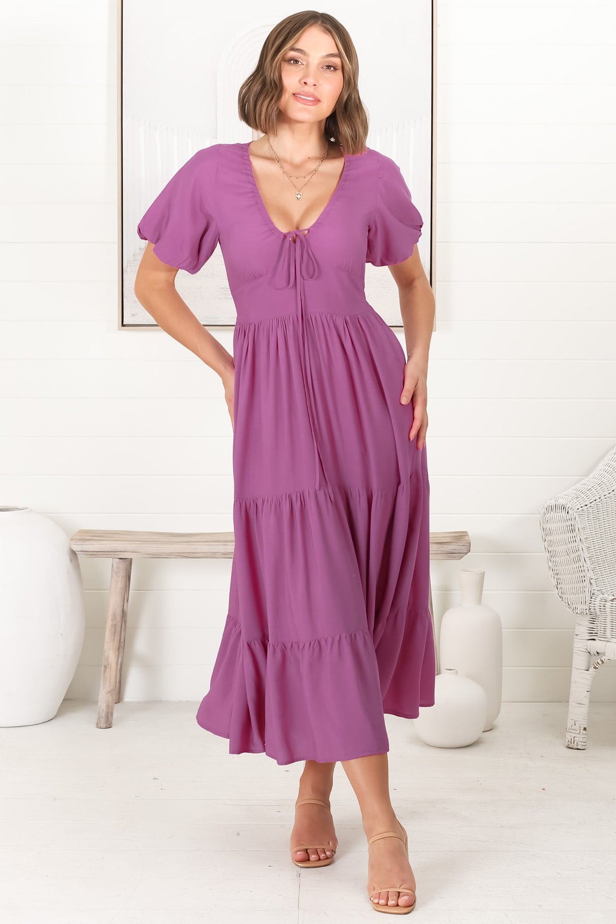 Ellen Midi Dress - Pull In V Neckline Dress With Cap Balloon Sleeves In Purple