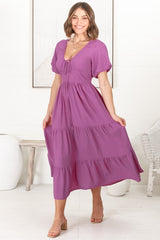 Ellen Midi Dress - Pull In V Neckline Dress With Cap Balloon Sleeves In Purple