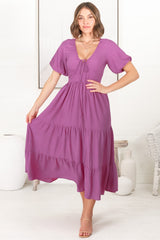 Ellen Midi Dress - Pull In V Neckline Dress With Cap Balloon Sleeves In Purple