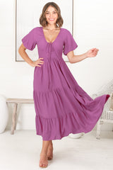 Ellen Midi Dress - Pull In V Neckline Dress With Cap Balloon Sleeves In Purple