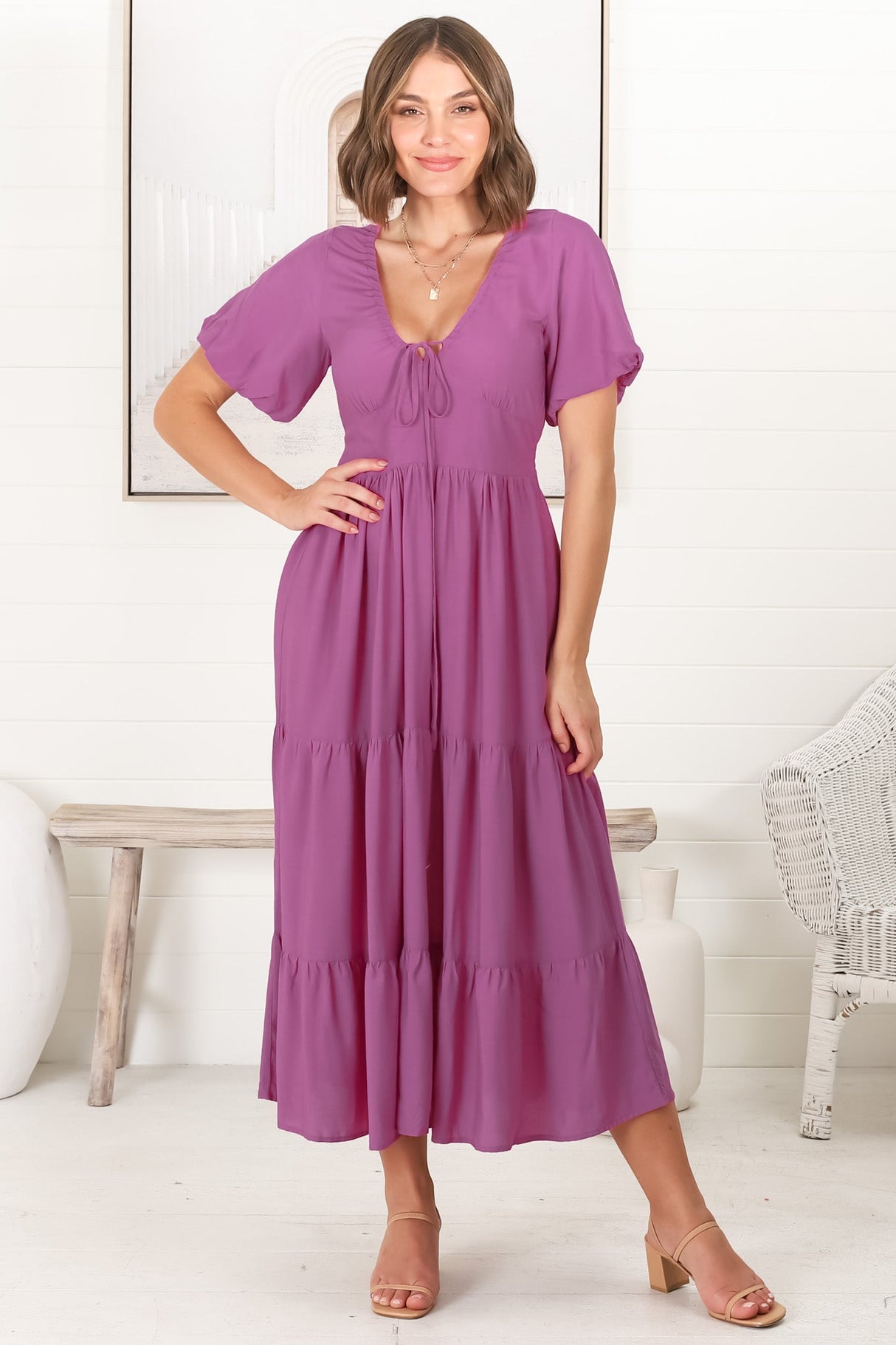 Ellen Midi Dress - Pull In V Neckline Dress With Cap Balloon Sleeves In Purple