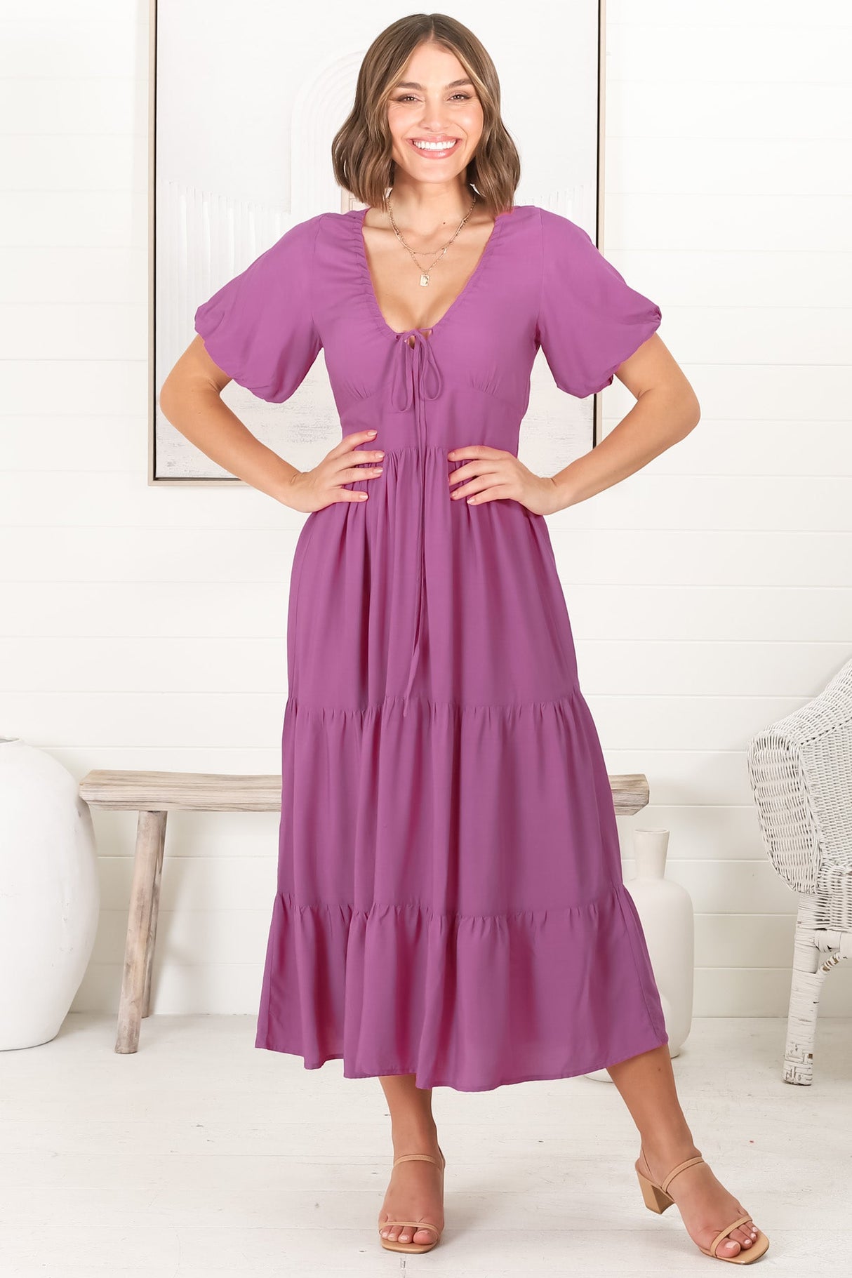 Ellen Midi Dress - Pull In V Neckline Dress With Cap Balloon Sleeves In Purple