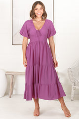 Ellen Midi Dress - Pull In V Neckline Dress With Cap Balloon Sleeves In Purple