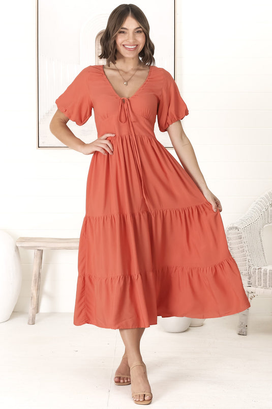 Ellen Midi Dress - Pull In V Neckline Dress With Cap Balloon Sleeves In Tangerine