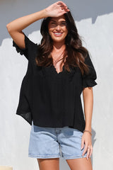 Ellery Top - Mandarin Collar Smock Top with Ladder Lace Insert Splicing in Black