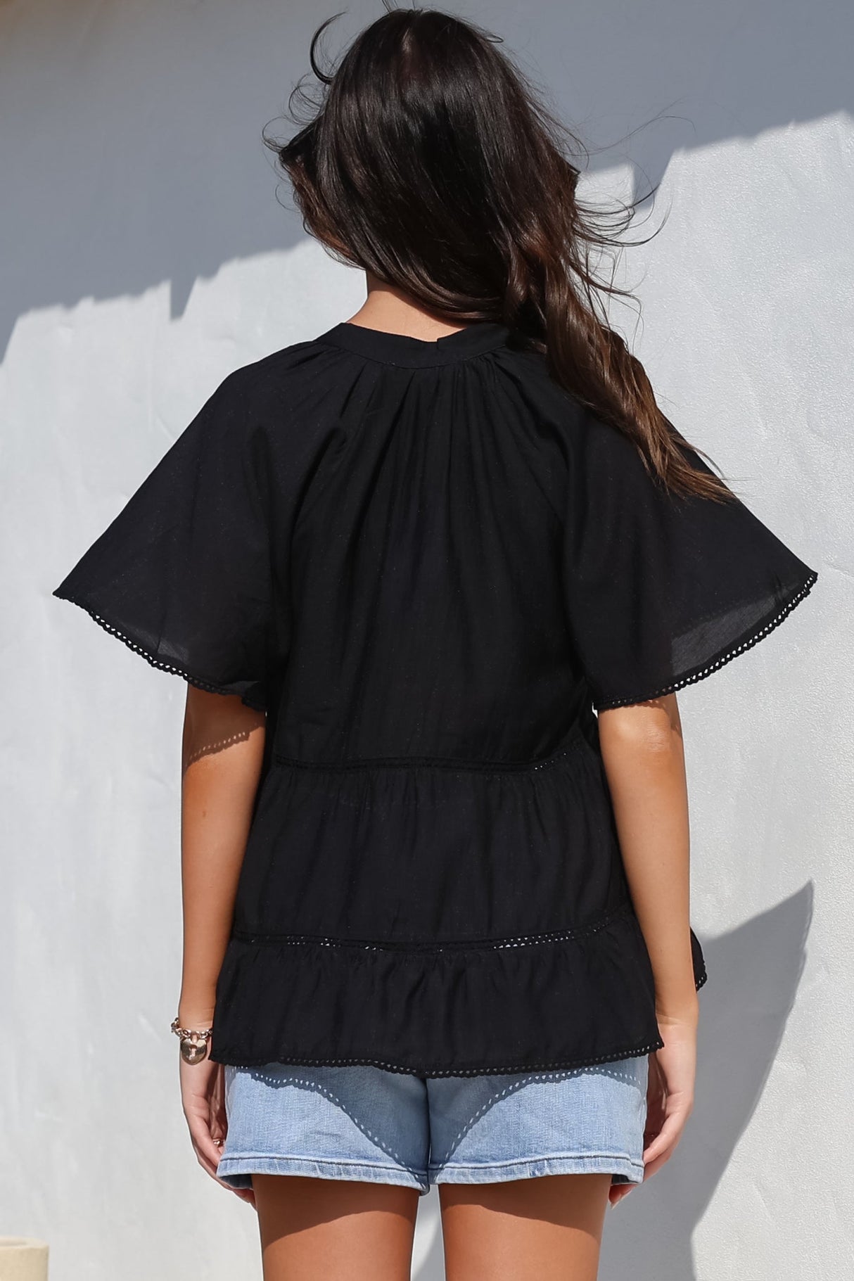 Ellery Top - Mandarin Collar Smock Top with Ladder Lace Insert Splicing in Black