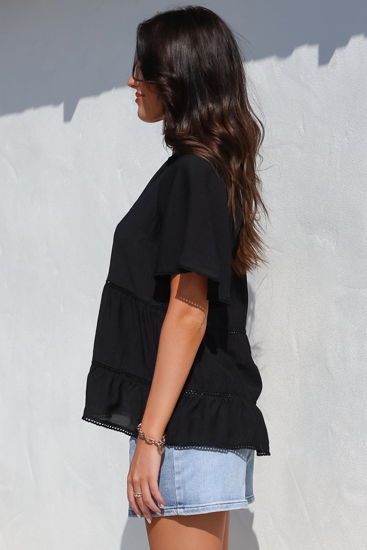 Ellery Top - Mandarin Collar Smock Top with Ladder Lace Insert Splicing in Black