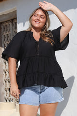 Ellery Top - Mandarin Collar Smock Top with Ladder Lace Insert Splicing in Black