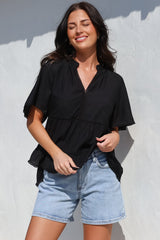 Ellery Top - Mandarin Collar Smock Top with Ladder Lace Insert Splicing in Black