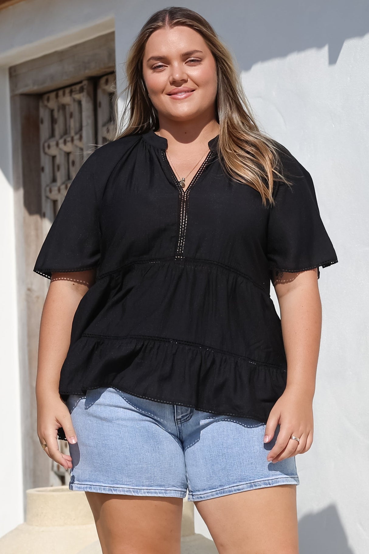 Ellery Top - Mandarin Collar Smock Top with Ladder Lace Insert Splicing in Black