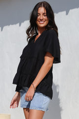 Ellery Top - Mandarin Collar Smock Top with Ladder Lace Insert Splicing in Black