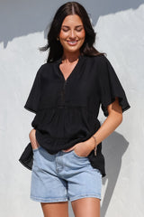 Ellery Top - Mandarin Collar Smock Top with Ladder Lace Insert Splicing in Black