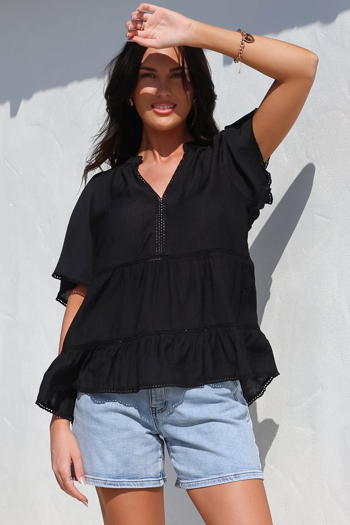 Ellery Top - Mandarin Collar Smock Top with Ladder Lace Insert Splicing in Black