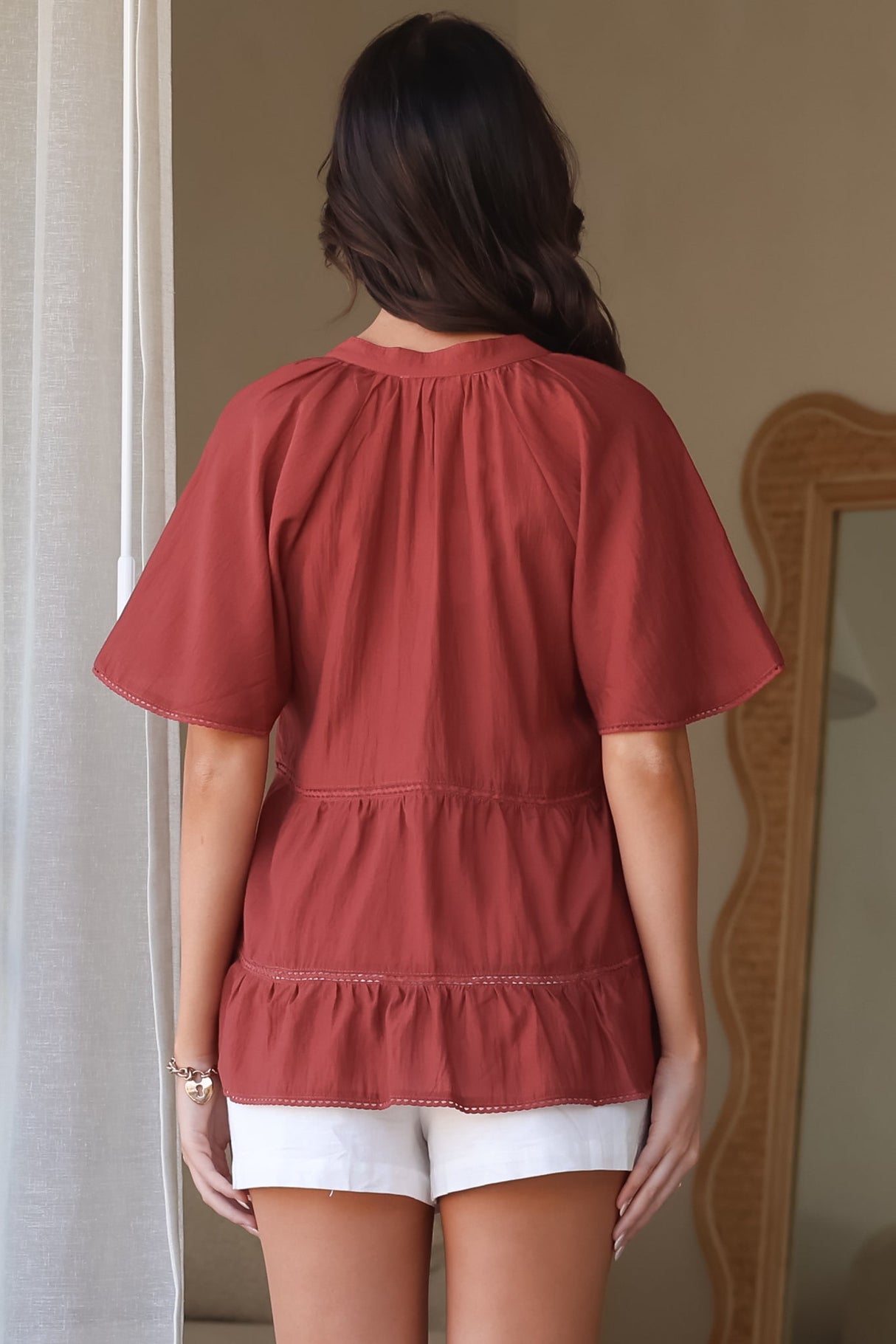 Ellery Top - Mandarin Collar Smock Top with Ladder Lace Insert Splicing in Rust