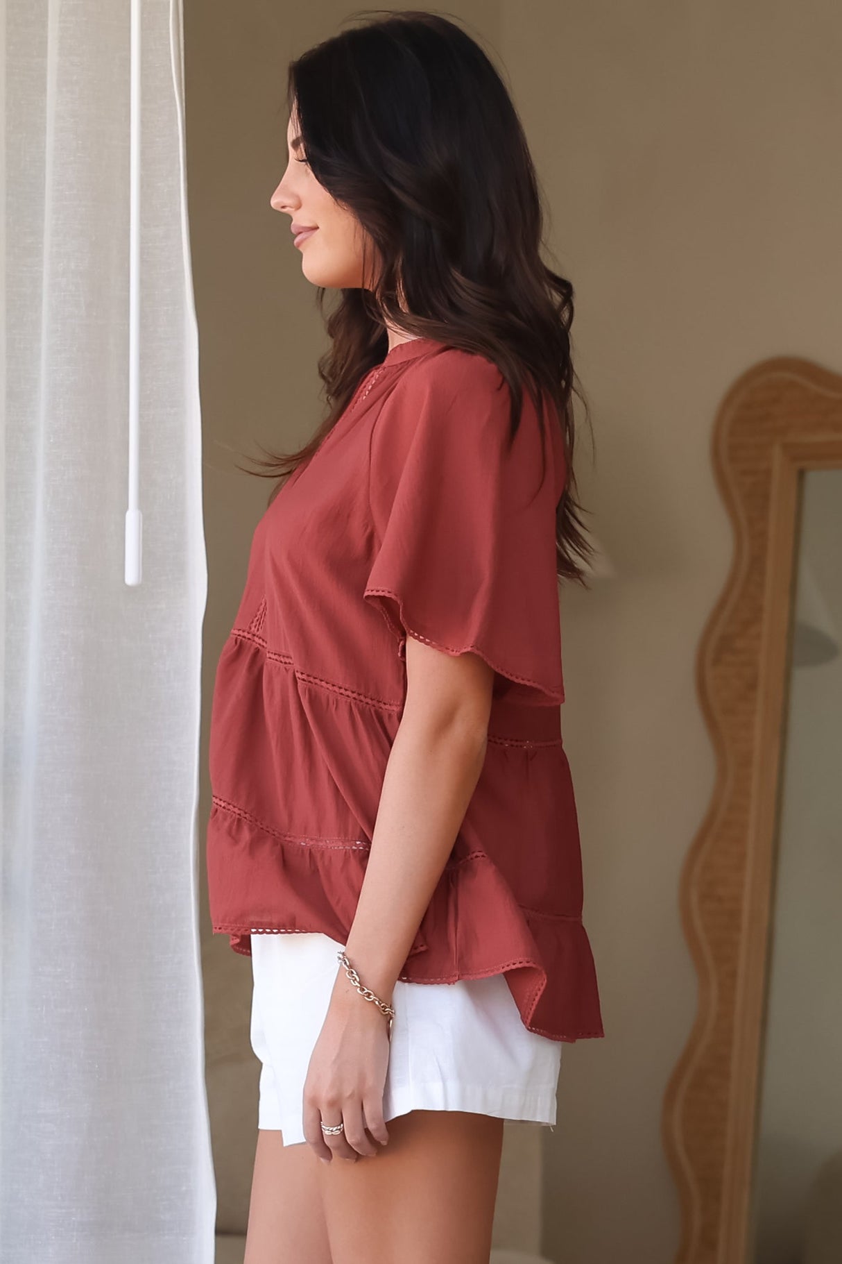 Ellery Top - Mandarin Collar Smock Top with Ladder Lace Insert Splicing in Rust
