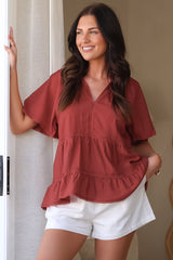 Ellery Top - Mandarin Collar Smock Top with Ladder Lace Insert Splicing in Rust