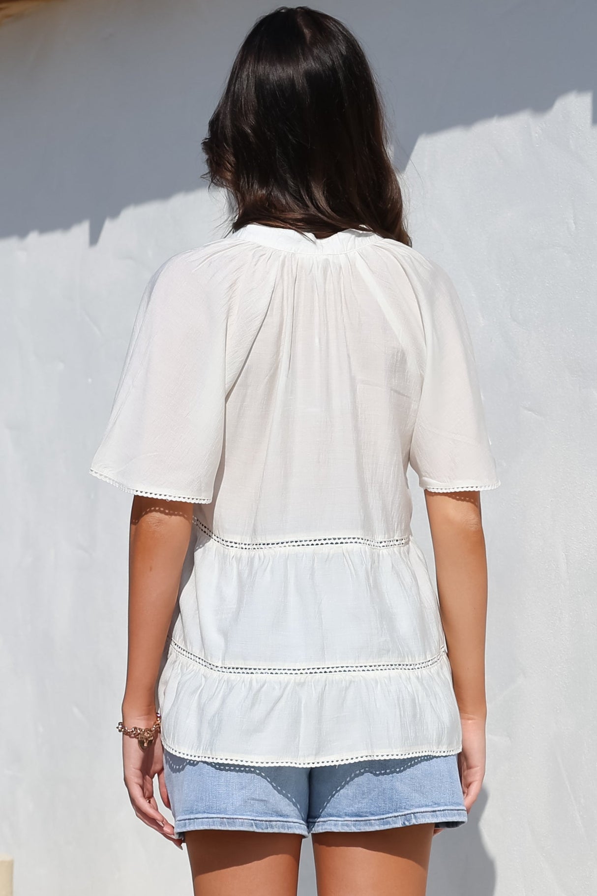 Ellery Top - Mandarin Collar Smock Top with Ladder Lace Insert Splicing in White