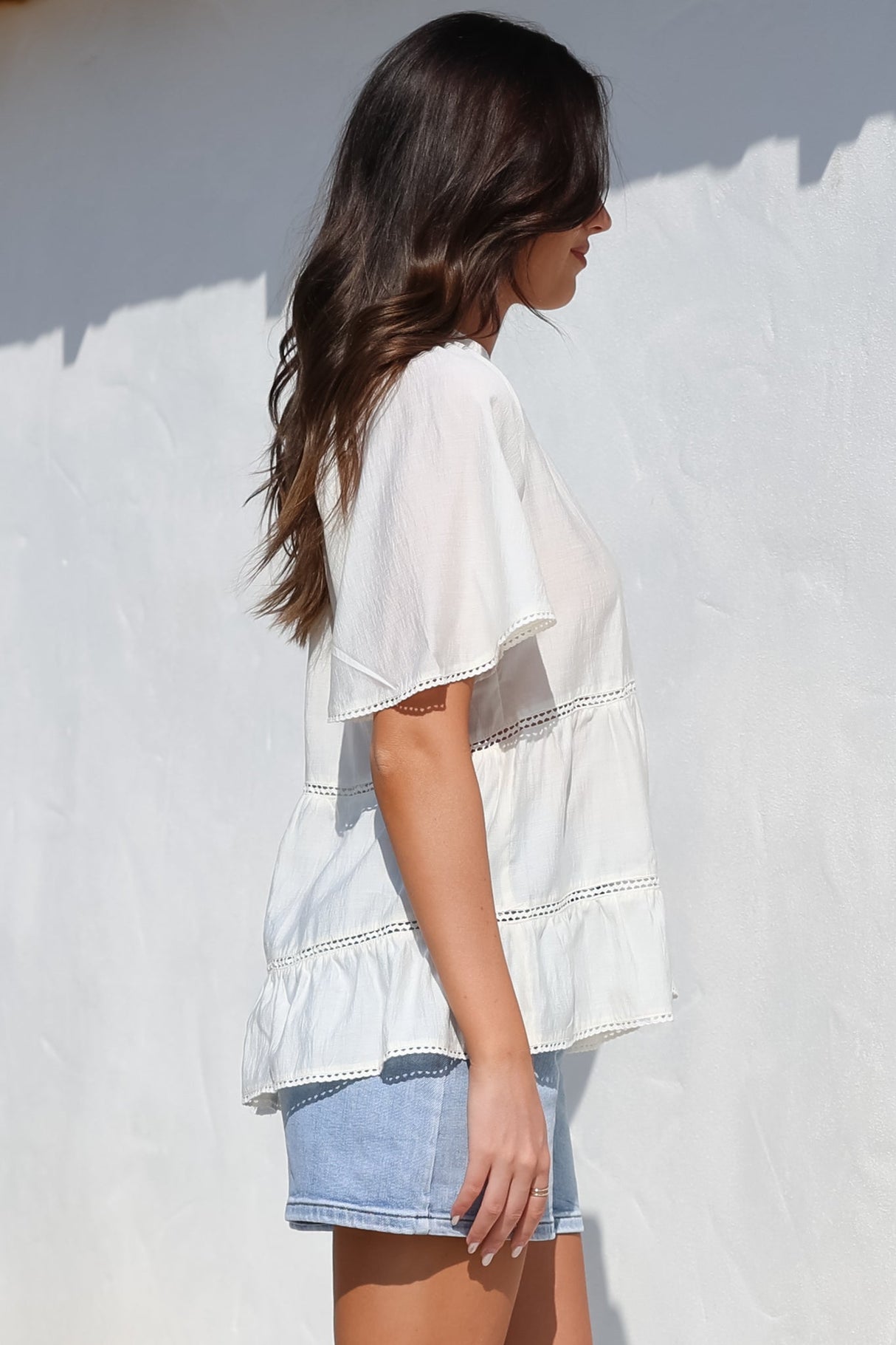 Ellery Top - Mandarin Collar Smock Top with Ladder Lace Insert Splicing in White