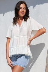 Ellery Top - Mandarin Collar Smock Top with Ladder Lace Insert Splicing in White