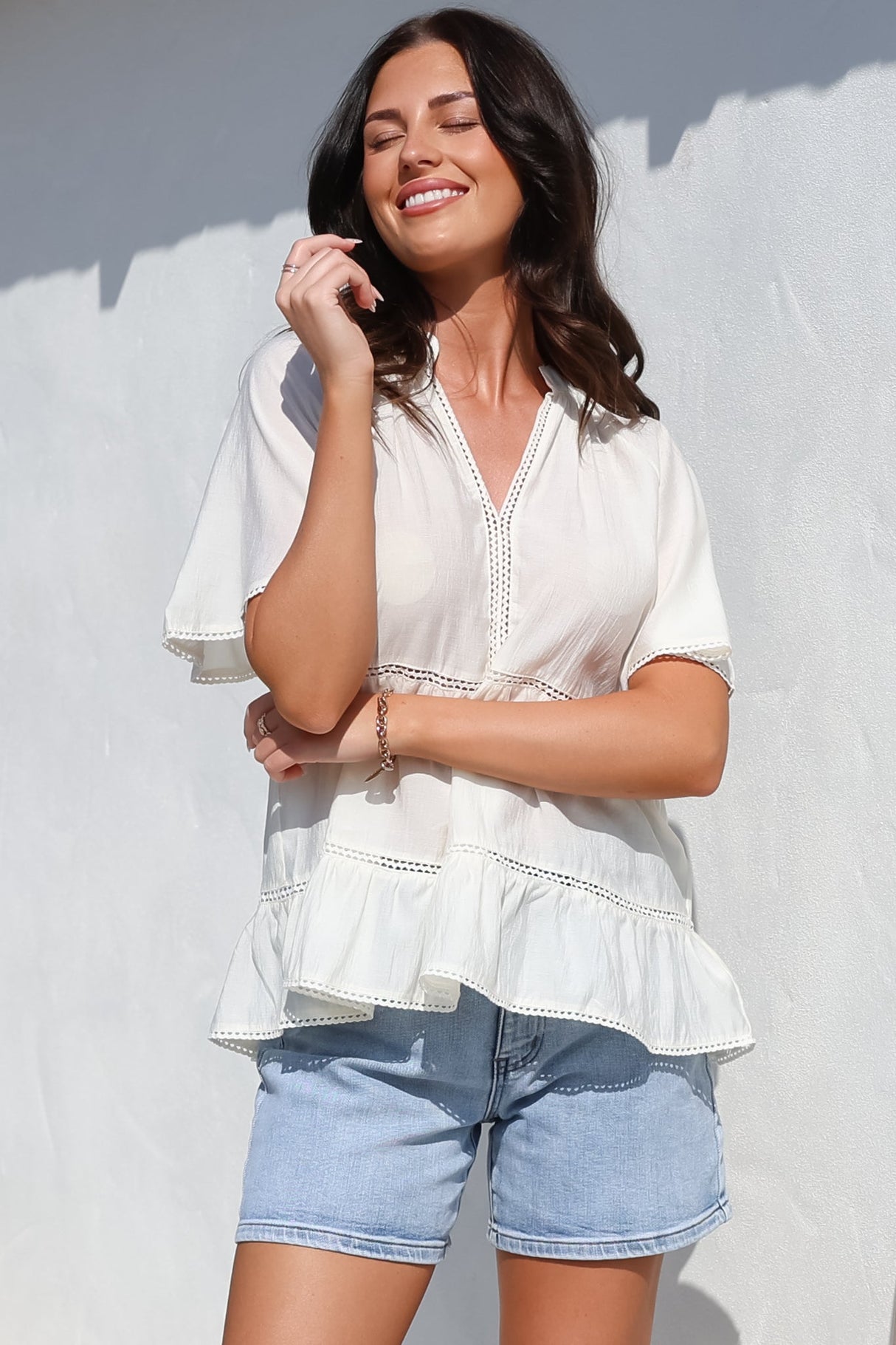 Ellery Top - Mandarin Collar Smock Top with Ladder Lace Insert Splicing in White