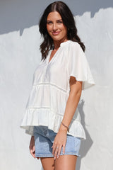 Ellery Top - Mandarin Collar Smock Top with Ladder Lace Insert Splicing in White