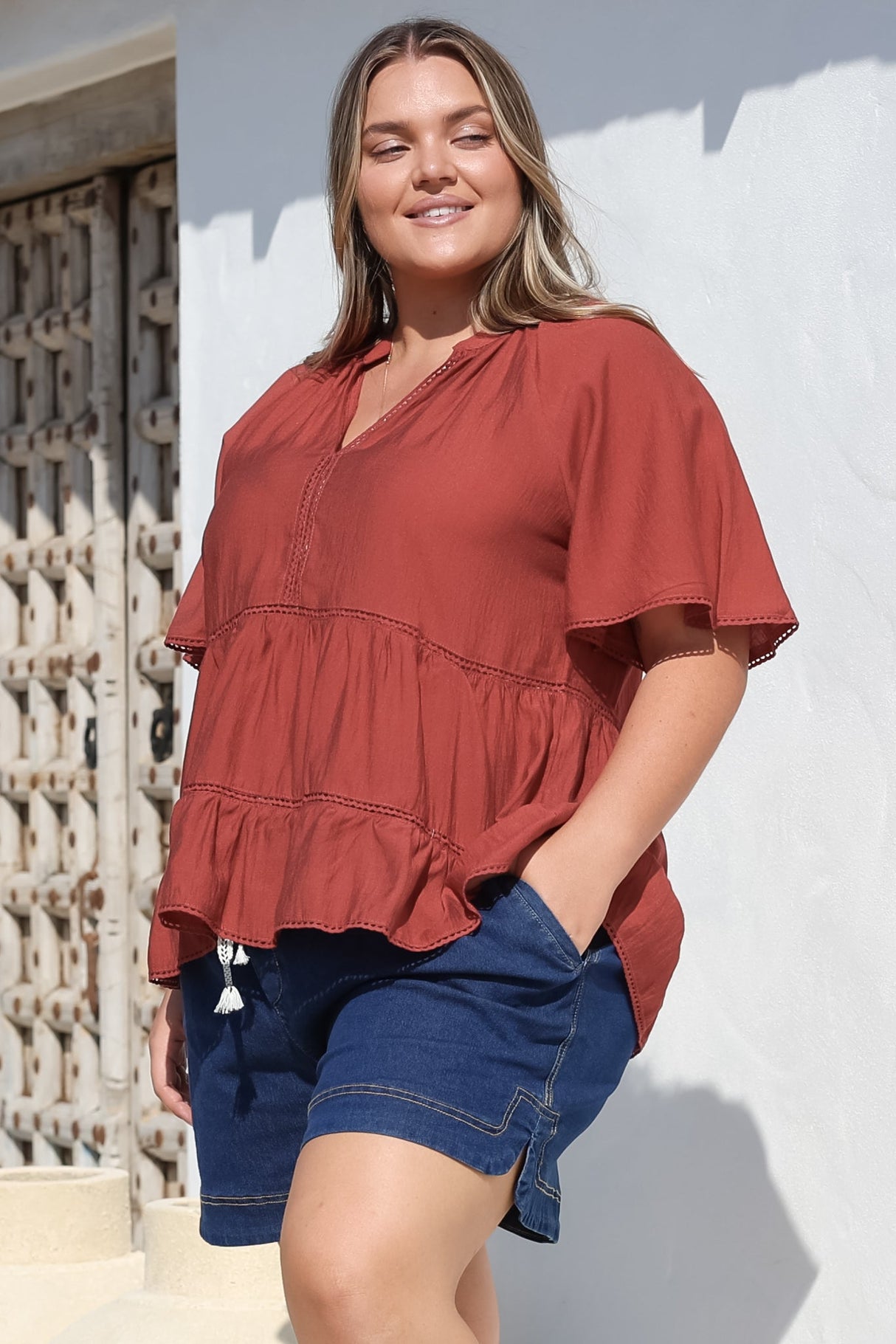 Ellery Top - Mandarin Collar Smock Top with Ladder Lace Insert Splicing in Rust