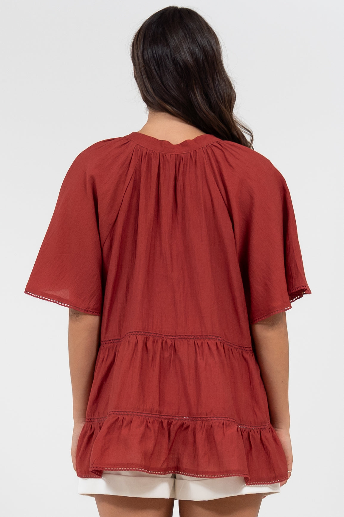 Ellery Top - Mandarin Collar Smock Top with Ladder Lace Insert Splicing in Rust