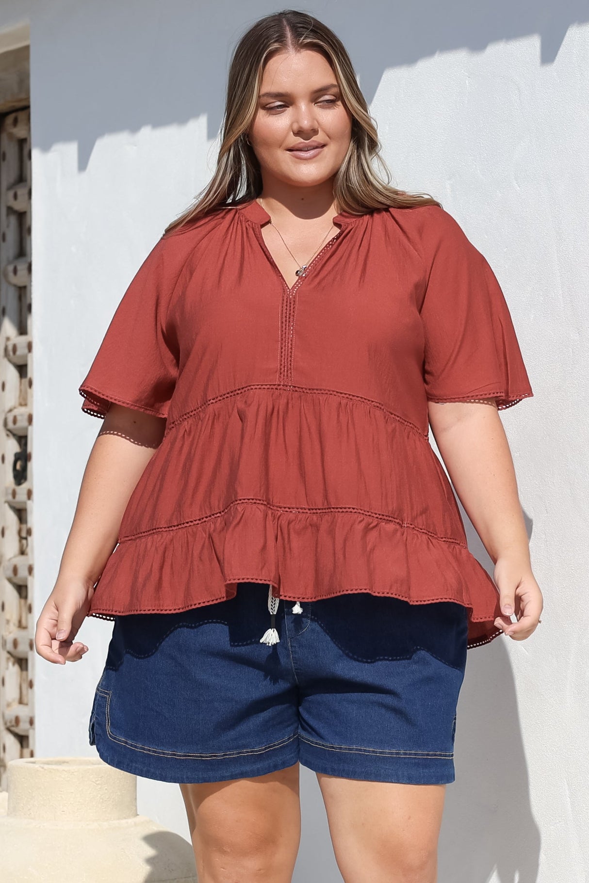Ellery Top - Mandarin Collar Smock Top with Ladder Lace Insert Splicing in Rust