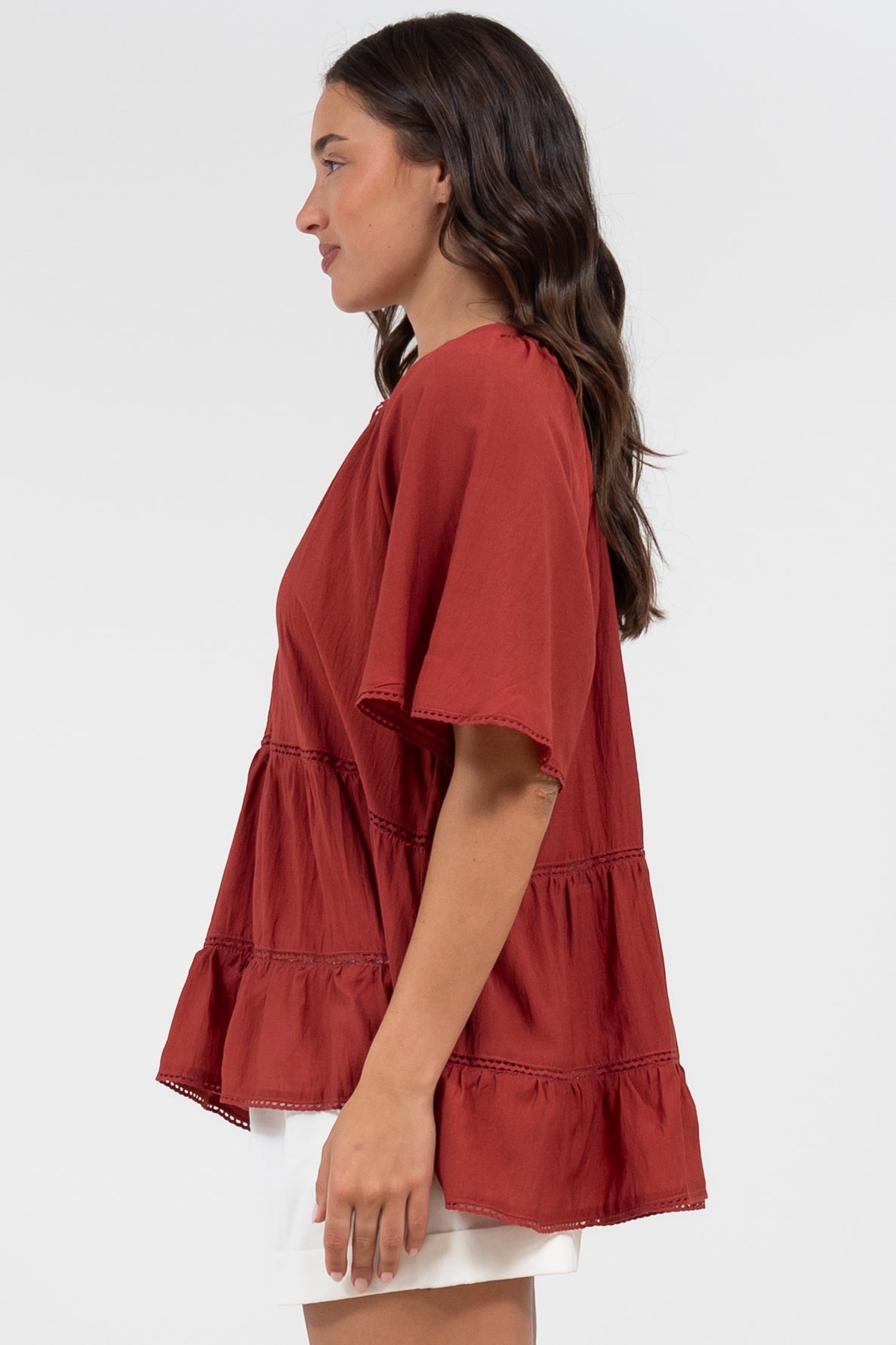 Ellery Top - Mandarin Collar Smock Top with Ladder Lace Insert Splicing in Rust