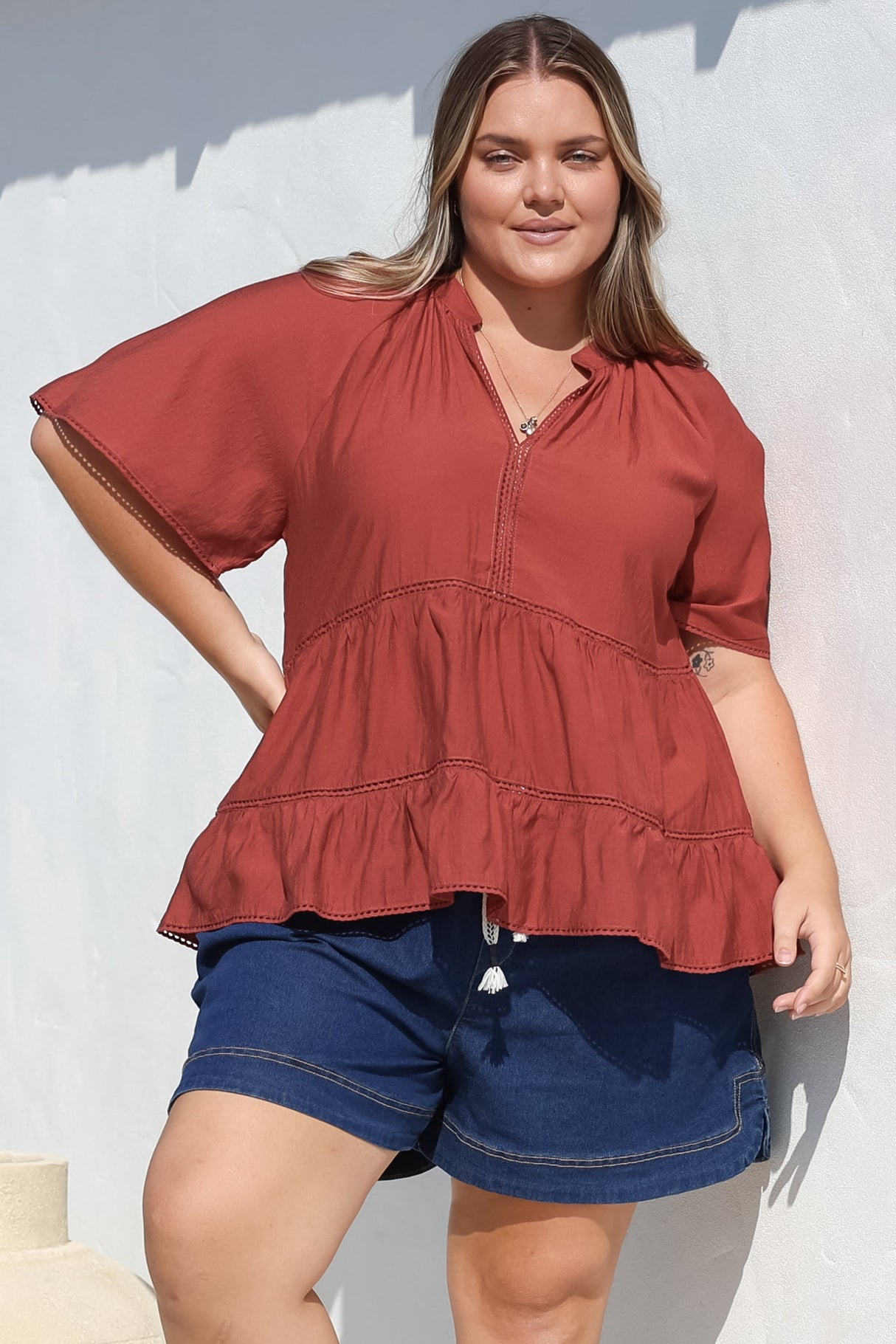 Ellery Top - Mandarin Collar Smock Top with Ladder Lace Insert Splicing in Rust