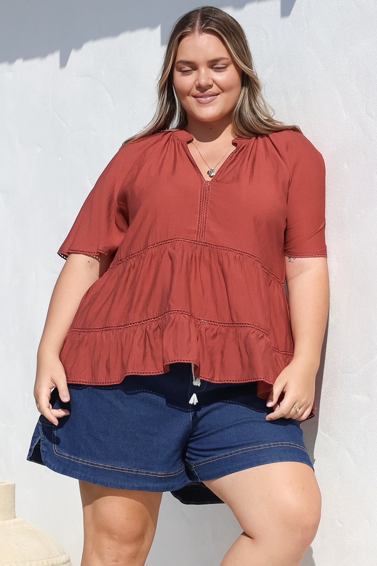 Ellery Top - Mandarin Collar Smock Top with Ladder Lace Insert Splicing in Rust