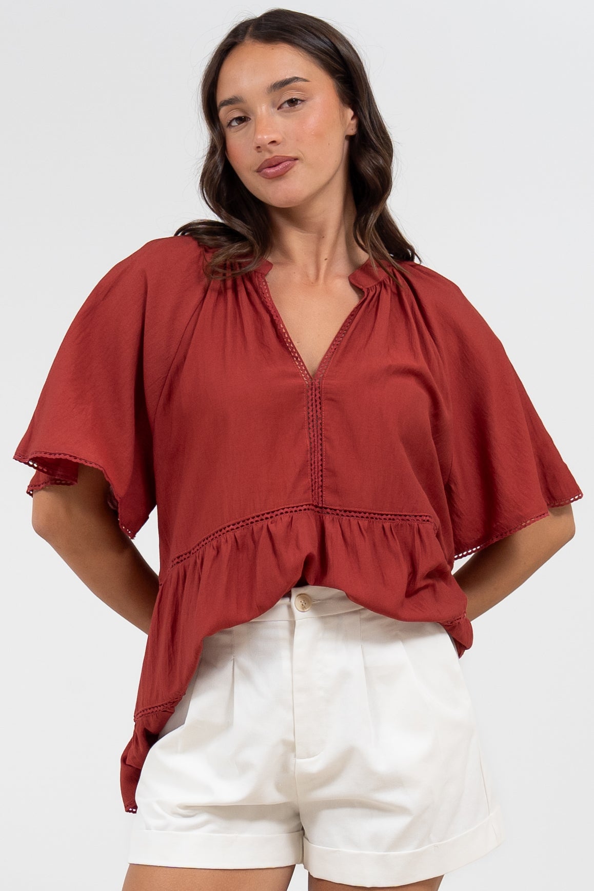 Ellery Top - Mandarin Collar Smock Top with Ladder Lace Insert Splicing in Rust