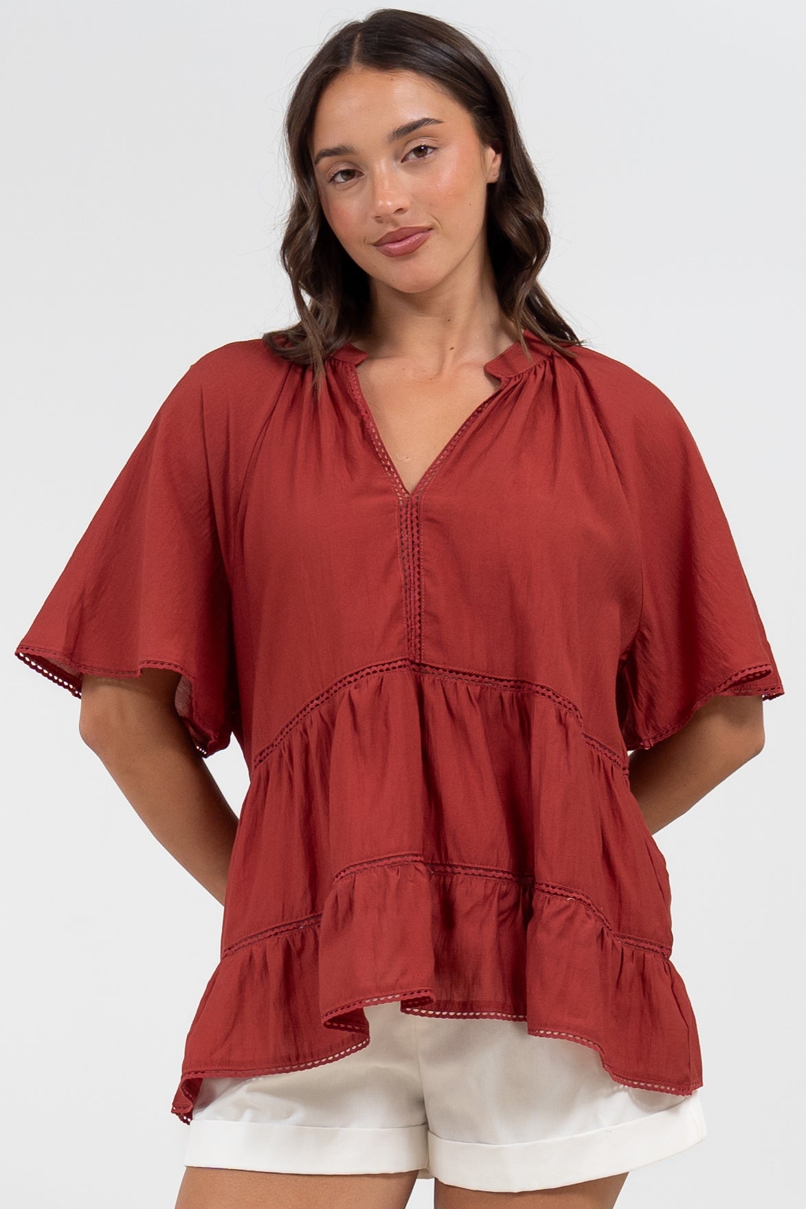 Ellery Top - Mandarin Collar Smock Top with Ladder Lace Insert Splicing in Rust