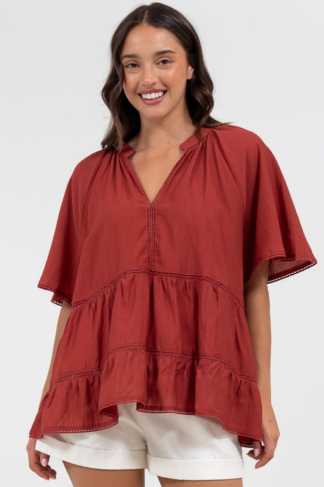 Ellery Top - Mandarin Collar Smock Top with Ladder Lace Insert Splicing in Rust