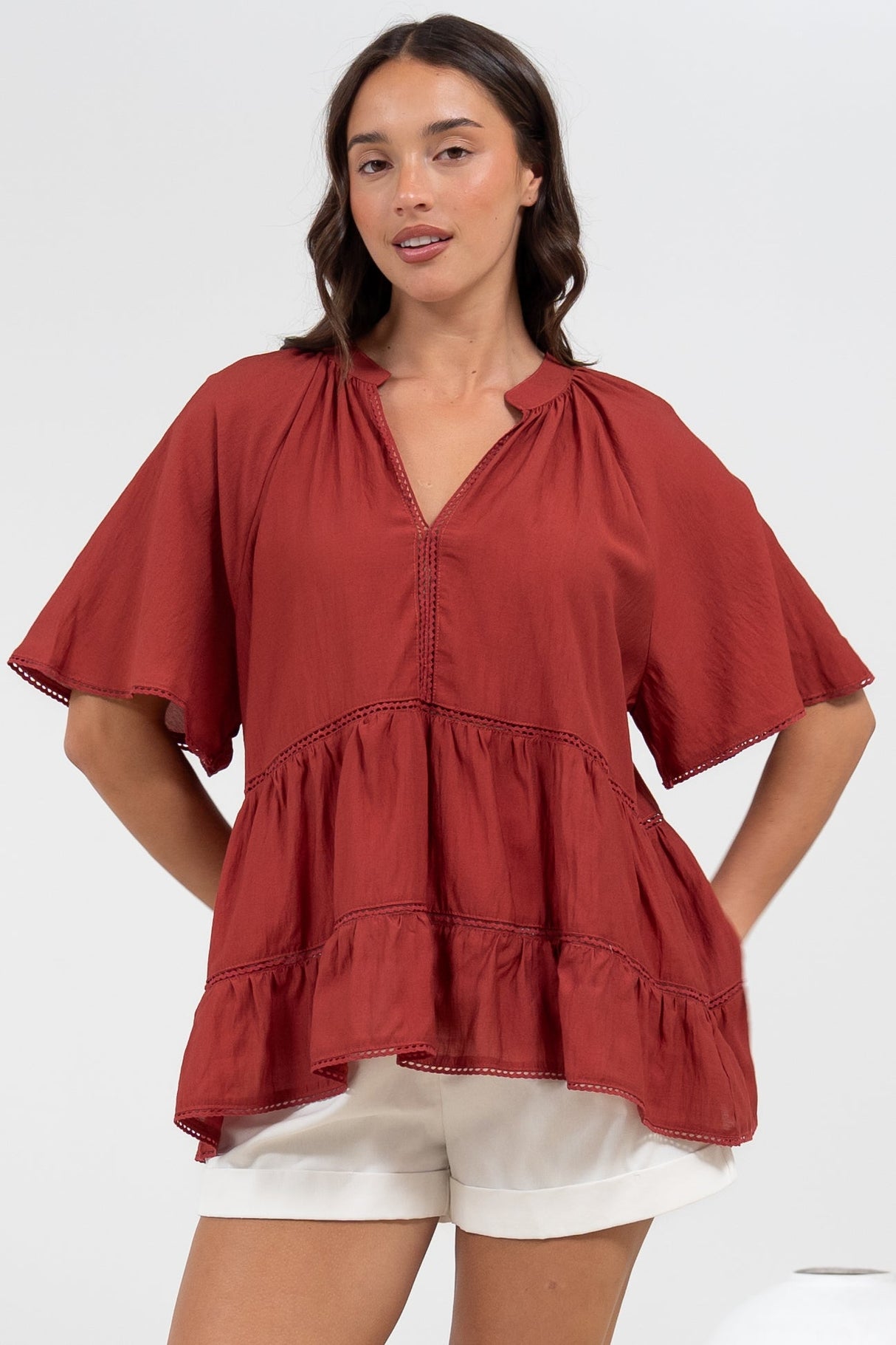 Ellery Top - Mandarin Collar Smock Top with Ladder Lace Insert Splicing in Rust
