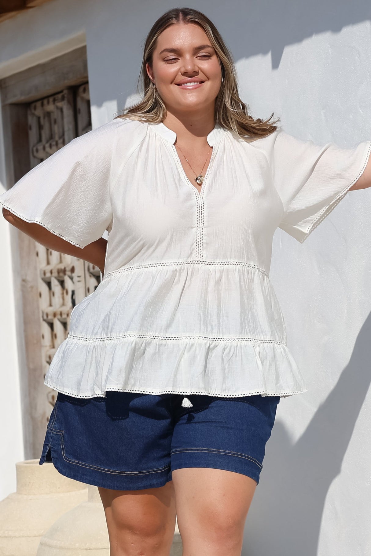 Ellery Top - Mandarin Collar Smock Top with Ladder Lace Insert Splicing in White