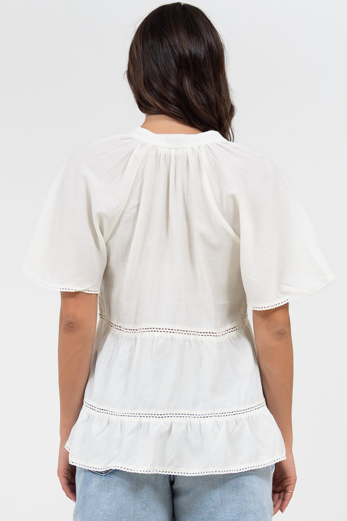 Ellery Top - Mandarin Collar Smock Top with Ladder Lace Insert Splicing in White
